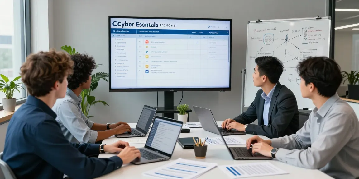 Team collaborating on cyber essentials renewal in a modern office with digital compliance tools.