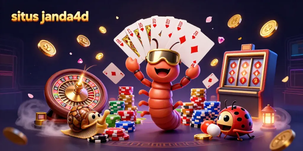 Gambarkan situs janda4d dengan dealer kartun dan simbol judi yang bergelimang koin emas.