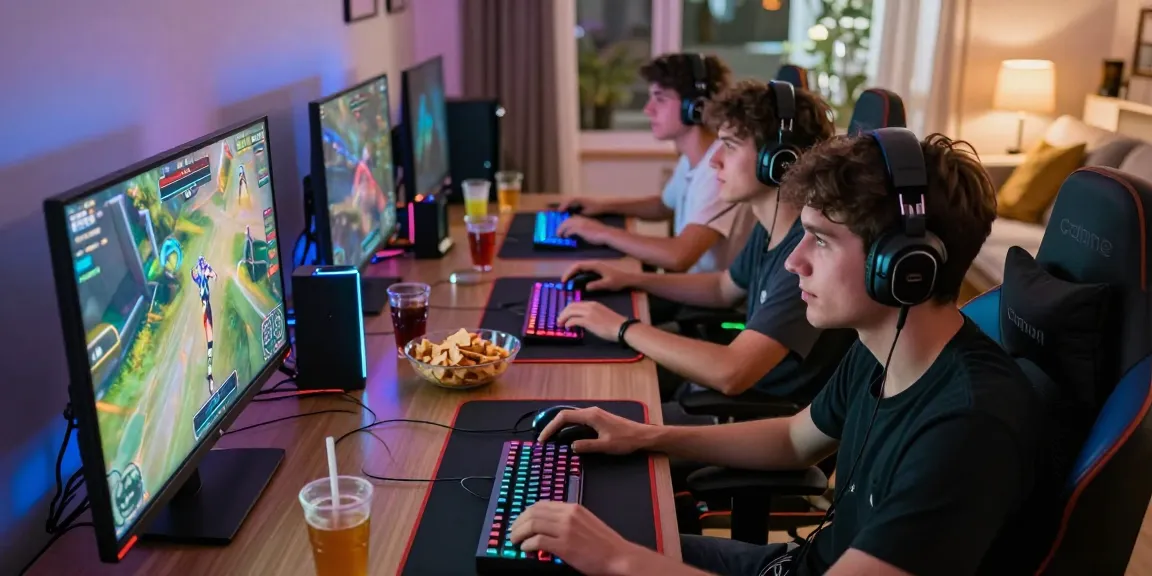 Friends enjoying an exciting online gaming session, showcasing raja328 gaming culture with vibrant setups and competitive spirit.