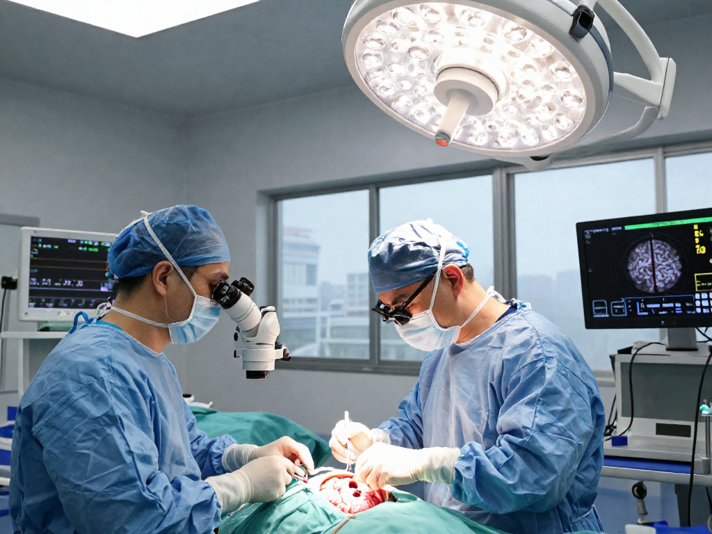 Brain tumor surgery in progress, showcasing a surgical team focused on beyin tümörü ameliyatı with advanced neurosurgical tools.