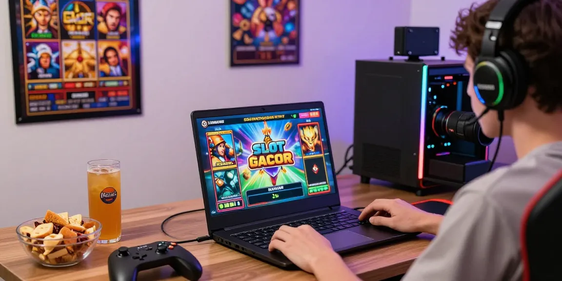 Pengalaman bermain SLOT GACOR dengan grafik cerah di laptop, ambient lampu LED, dan gamer bersemangat.