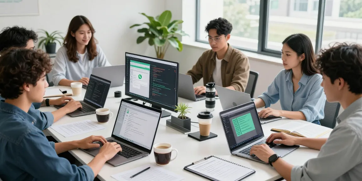 Team collaboration on WhatsApp網頁版 in a bright modern workspace, showcasing effective communication.