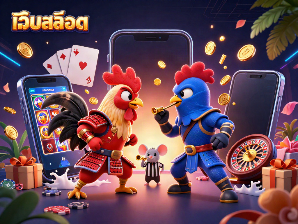 Win more with เว็บสล็อต: dual fighting roosters amidst colorful gambling elements