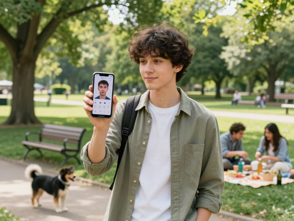 How old do I look? Person using an age estimation app in a sunny park.
