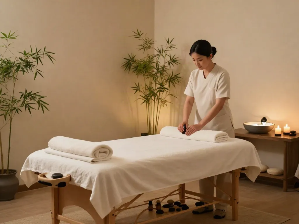Relaxing 잠실출장마사지 setting with soothing decor and treatment preparations.