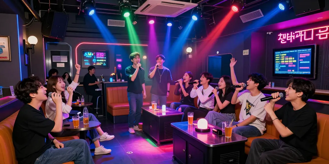 A lively group enjoying karaoke at a 강남노래방 bar, vibrant atmosphere with colorful lights and cheering friends.