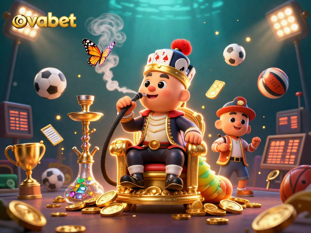Engage with ovabet's exciting gaming scene featuring a whimsical caterpillar and dynamic sports elements.