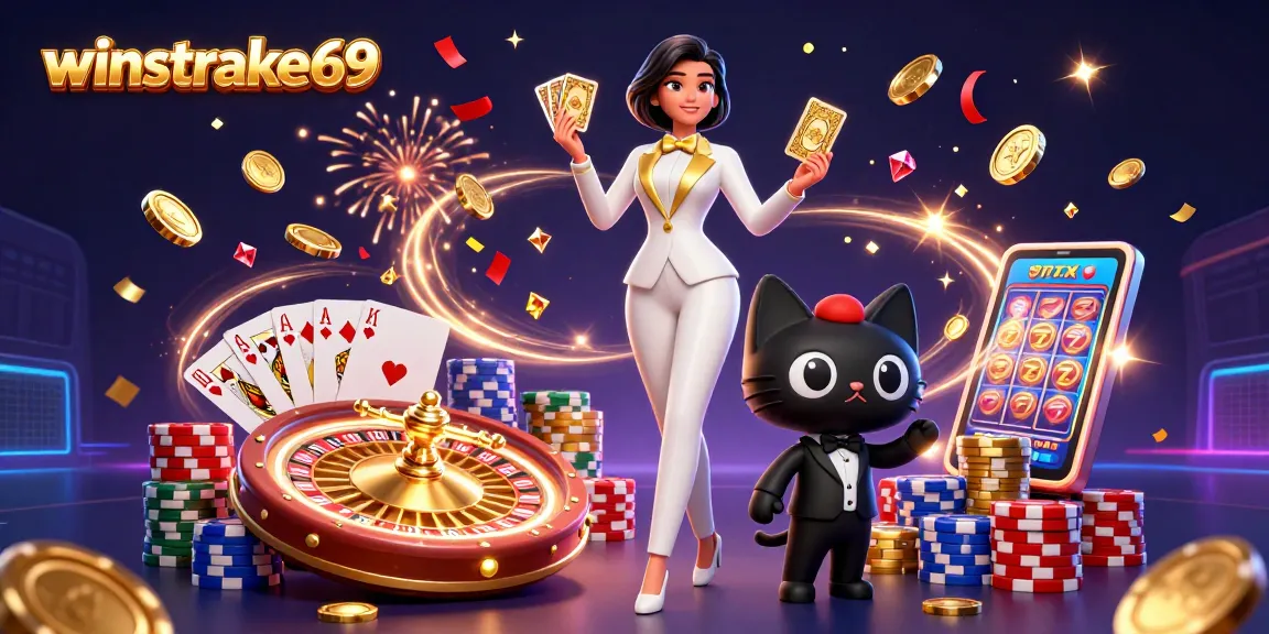 Experience the thrill at winstrike69 with vibrant casino elements and captivating characters.
