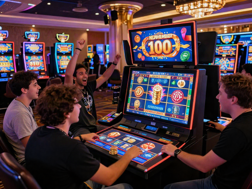 Exciting online gambling scene showcasing slot bonus new member 100 with players celebrating their wins.
