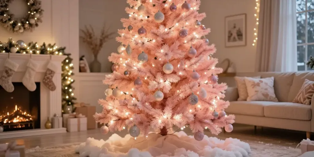 Stunning light pink Christmas tree adorned with decorations and warm lights in a cozy living room setting.