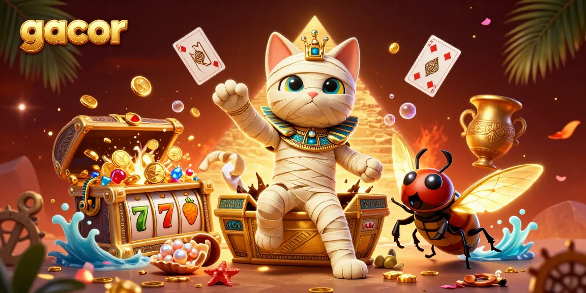 Slot gacor yang menarik dengan mumi kucing dan harta karun bersinar di kasino piramida.