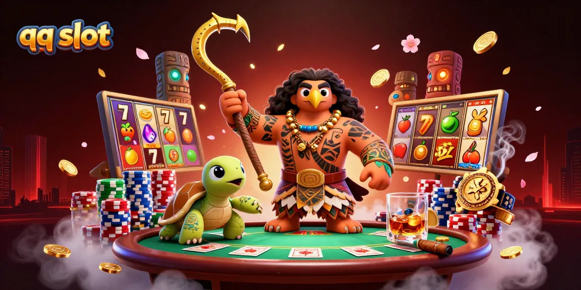 Experience thrilling qq slot action with a dynamic scene featuring vibrant slot reels and colorful poker stacks.