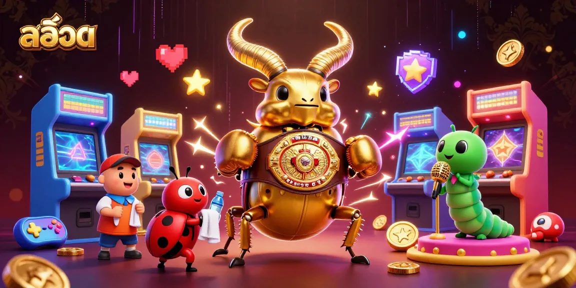 Engage with สล็อต themed arcade scene featuring vibrant characters, golden beetle, and dynamic gambling elements.