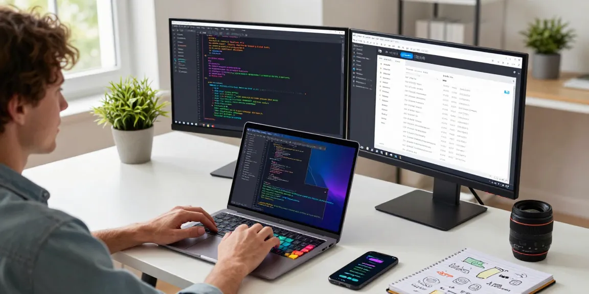 Developer coding with 纸飞机中文版 on dual monitors in modern workspace
