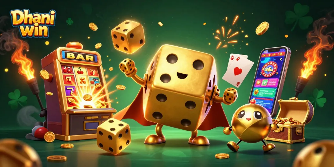 Dhani win game illustration with golden dice, slot machines, and casino symbols bursting with excitement