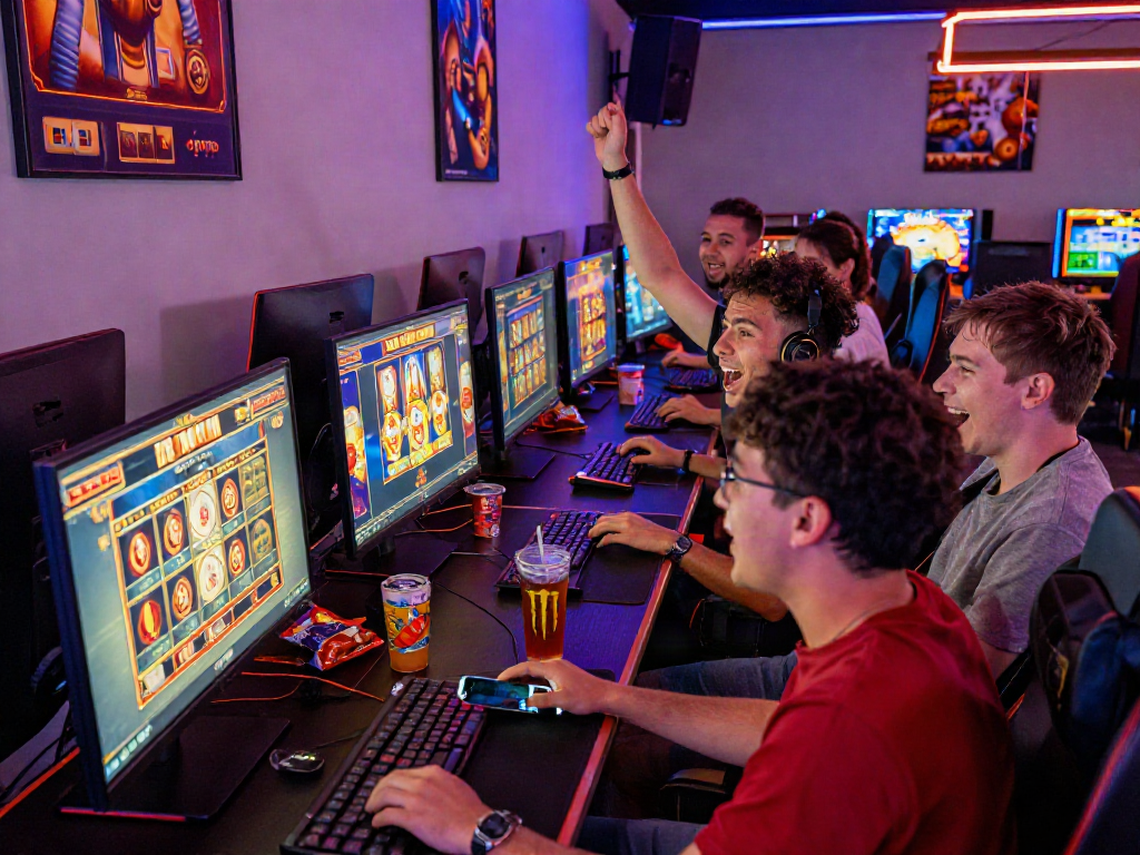Excitement in a gaming room celebrating a big win on bandar slot gacor with friends.