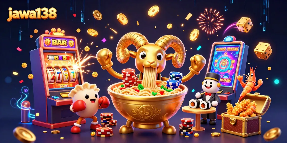 Experience fun with jawa138 as vibrant characters handle slot reels and chips in a lively casino scene.
