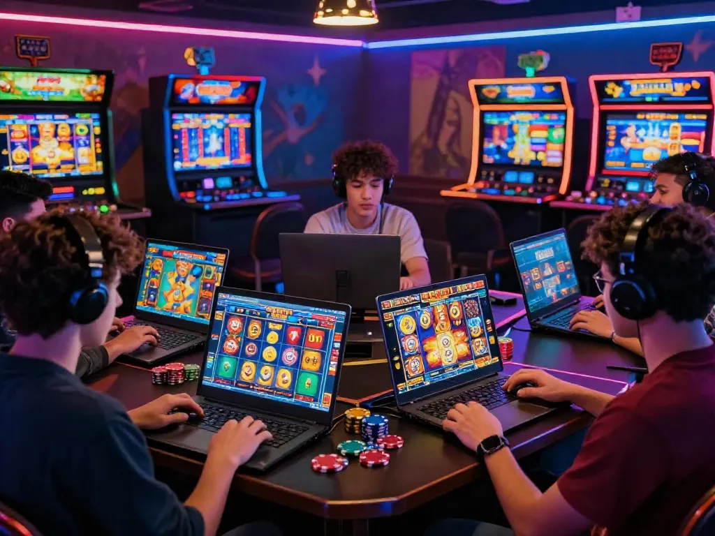 Exciting online gaming environment showcasing slot gacor games with players interacting on sleek devices amid vibrant casino atmosphere.