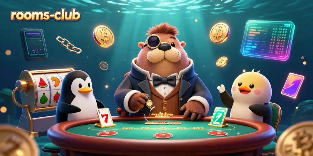 Permainan slot online di rooms-club dengan karakters lucu di meja poker bawah air.