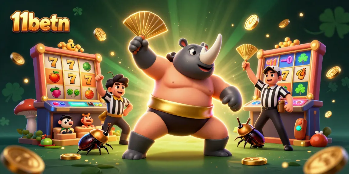Engage with the thrilling world of 11betn as the sumo champion rhinoceros beetle stomps out golden coins in a lively casino scene.