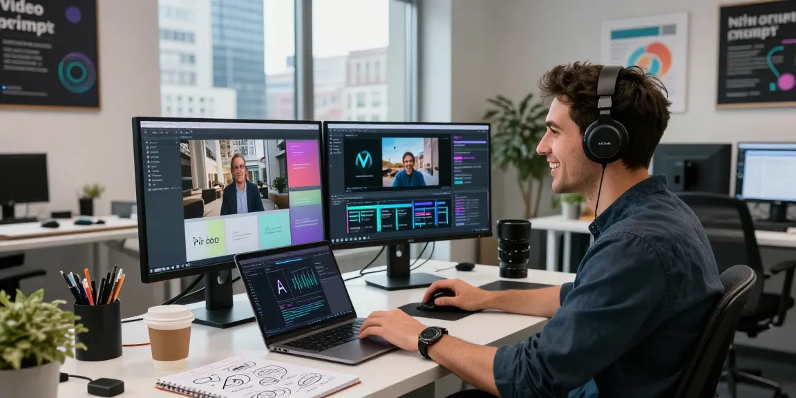Developer analyzing video content with video prompt AI generator in a modern workspace.