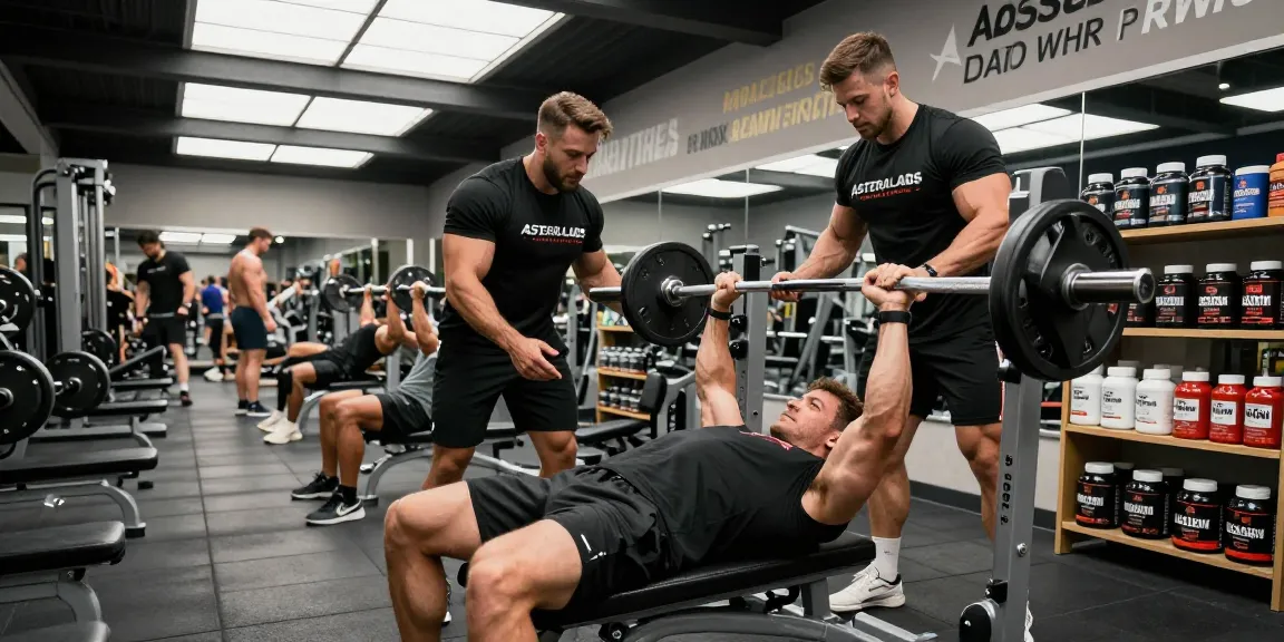 Man bench pressing weights in a gym featuring Astera Shop products, showcasing a vibrant fitness atmosphere.