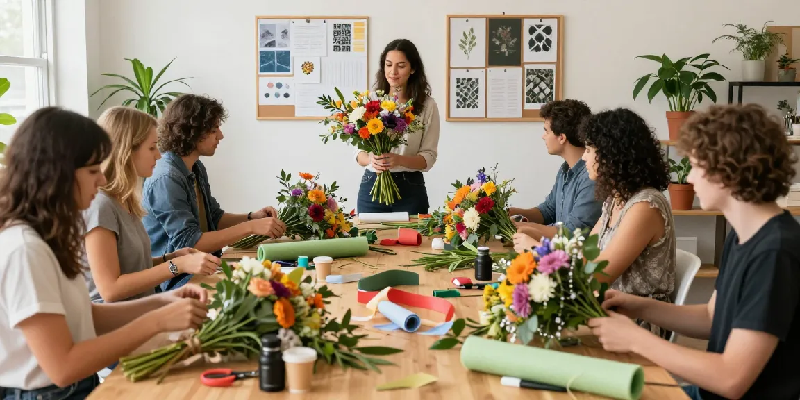 Students learning floral design at MODALWD's workshop, showcasing vibrant flowers and creativity.