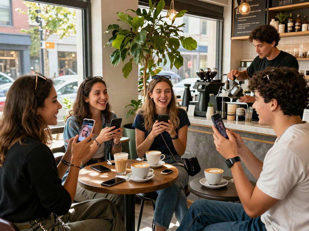 Friends sharing laughs while discovering celebs i look like at a trendy café.