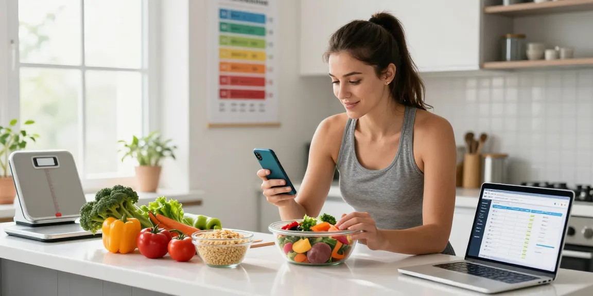 Individual using the best macro tracking app in a bright kitchen while preparing a healthy meal.