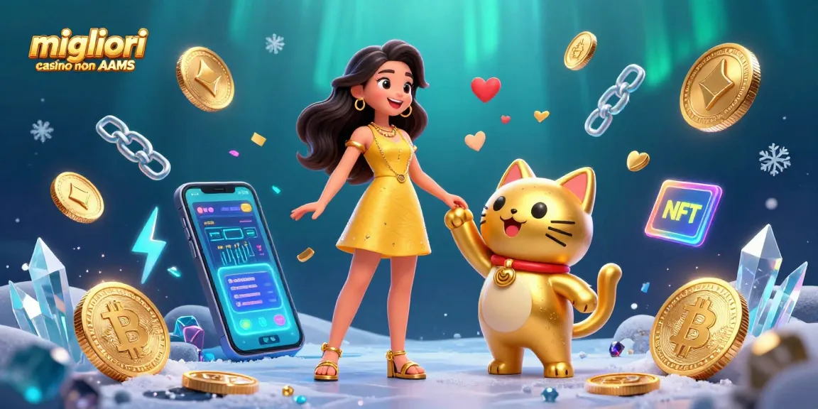 Illustrazione dei migliori casino non AAMS che mostra una donna asiatica e un gatto fortunato dorato tra vivaci monete crypto e coriandoli.