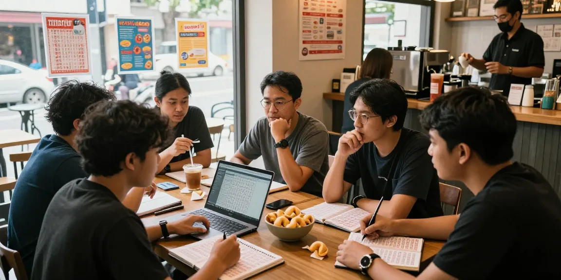 Diskusi kelompok tentang nomor rejeki di kafe hangat dengan catatan angka dan strategi.