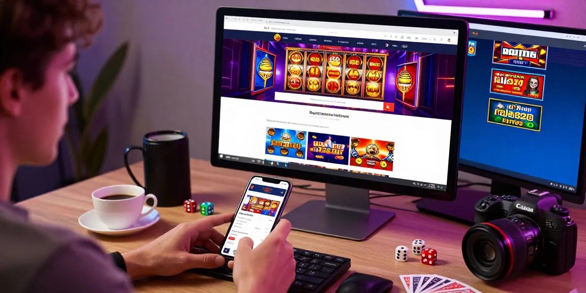Engaged user on daftar raja328 gaming platform, surrounded by vibrant casino game visuals and betting options.