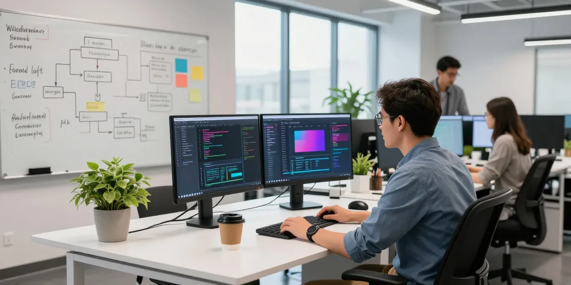Dynamic tech workspace featuring raja328 developer collaborating, showcasing vibrant code on dual monitors.