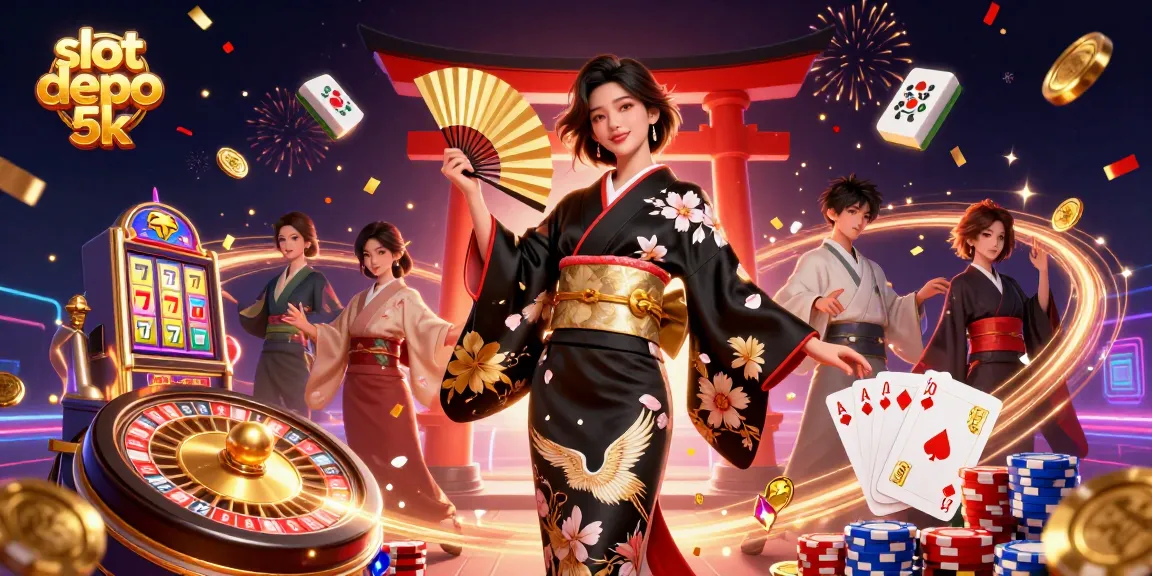 Experience the excitement of slot depo 5k with a captivating Asian-themed casino scene filled with gold coins and luxury.