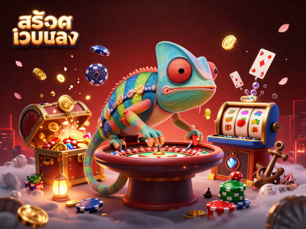 Engage with สล็อตเว็บตรง in an immersive 3D casino scene featuring a colorful chameleon and slot reels.
