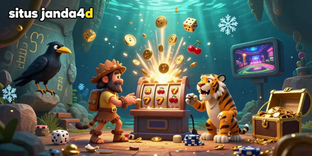 Slot jackpot menari di situs janda4d, dengan karakter 3D seru dan efek gemerlap.