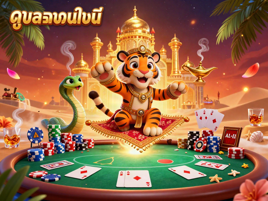 Experience ดูบอลออนไลน์ in high detail with a vibrant 3D casino scene featuring a sultan and magic lamp surrounded by poker elements.