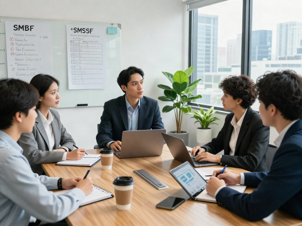 SMSF Accountant team collaborating at a conference table, discussing financial strategies and compliance.