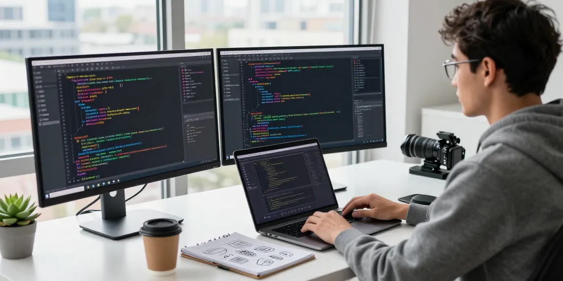 Developer coding in a modern workspace featuring 纸飞机中文版 software tools and colorful code displays.