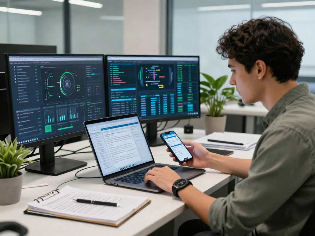 Document fraud detection analysis in a modern office with a cybersecurity analyst using tech tools.