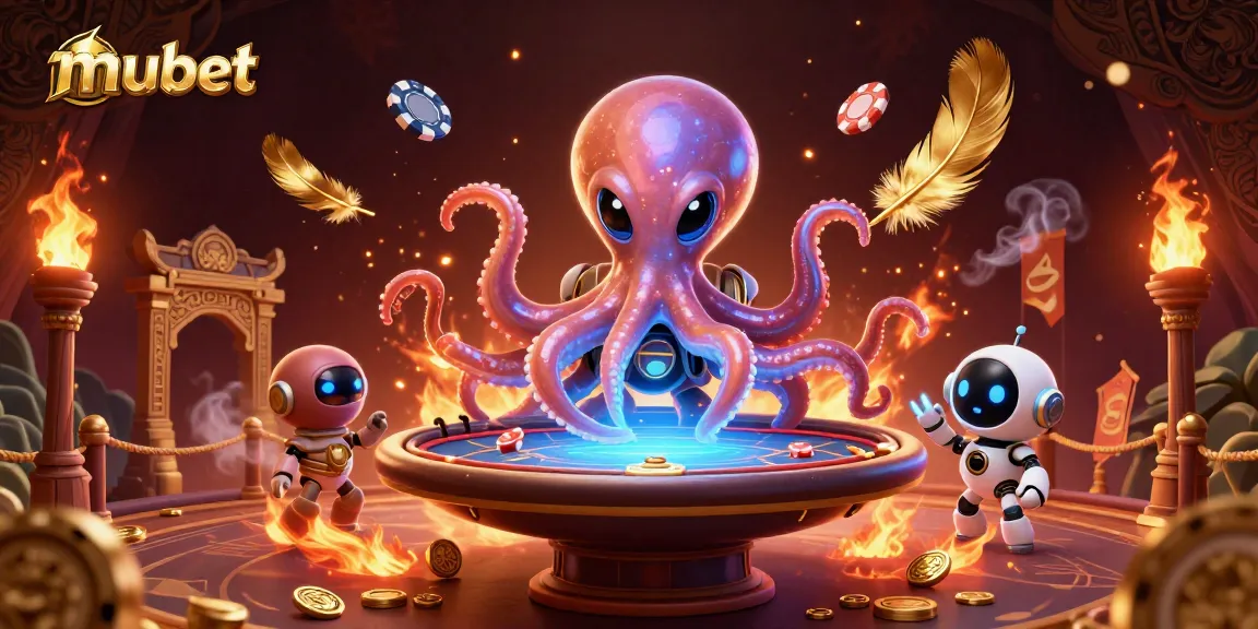 Engage with the vibrant mubet casino scene featuring an alien octopus at a poker table amidst gold coins and banners.