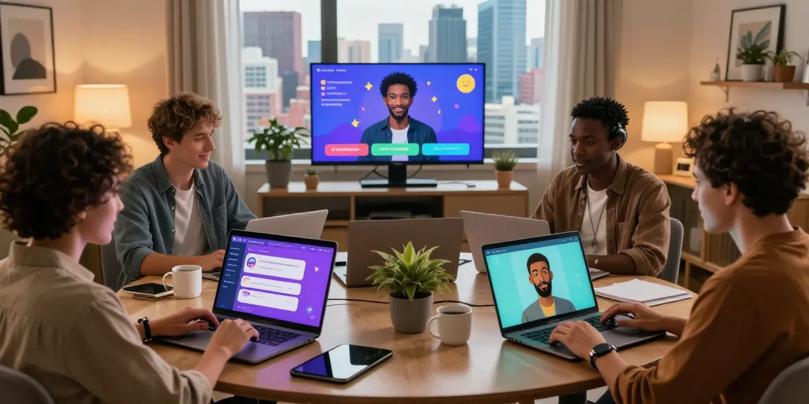 Interactive scene of adults using nsfw ai chat with customized avatars in a modern home office.