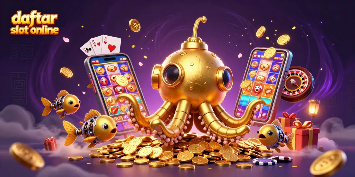 Daftar slot online terbaik dengan ponsel 3D yang menunjukkan permainan menggiurkan dan koin emas yang berhamburan.