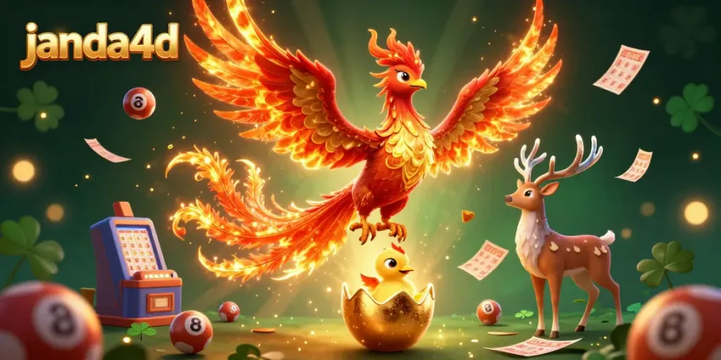 Janda4D menghadirkan ilustrasi permainan togel dengan phoenix dan elemen lotere yang menarik dalam suasana beruntung.
