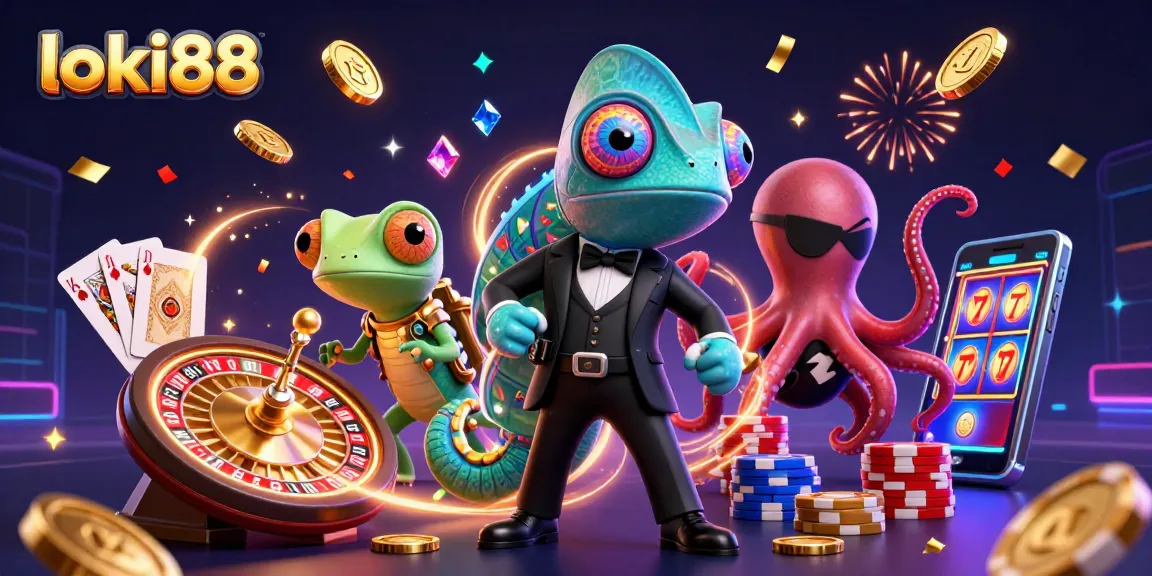 Experience the thrill with loki88 as vibrant characters navigate a rich casino scene filled with gold coins and roulette excitement.