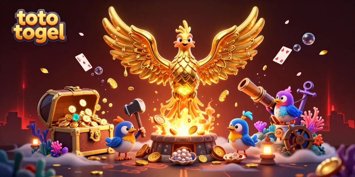 Engage in toto togel through a vivid 3D scene of a phoenix emerging from gold and treasures.