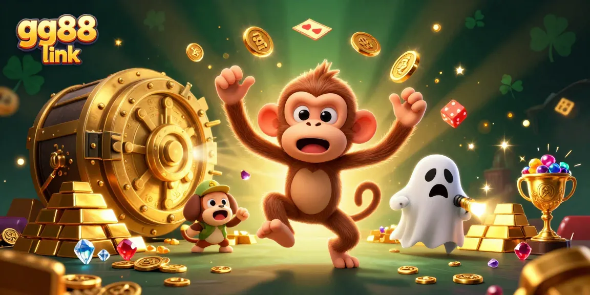 Explore the gg88 link while encountering a lively scene of a mischievous monkey juggling golden treasures in a haunted casino.