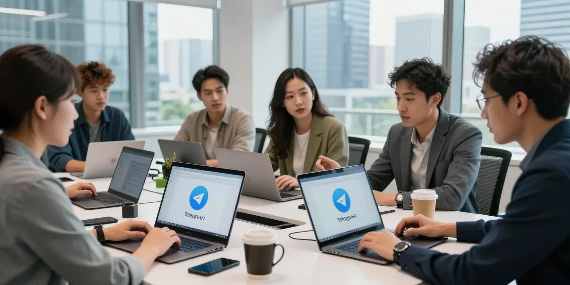 Team brainstorming solutions for telegram china support in a modern office setting.