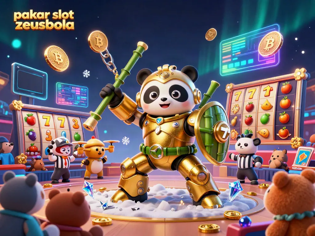 Engage with pakar slot zeusbola in a vibrant 3D casino scene featuring a golden panda in a mech-suit.