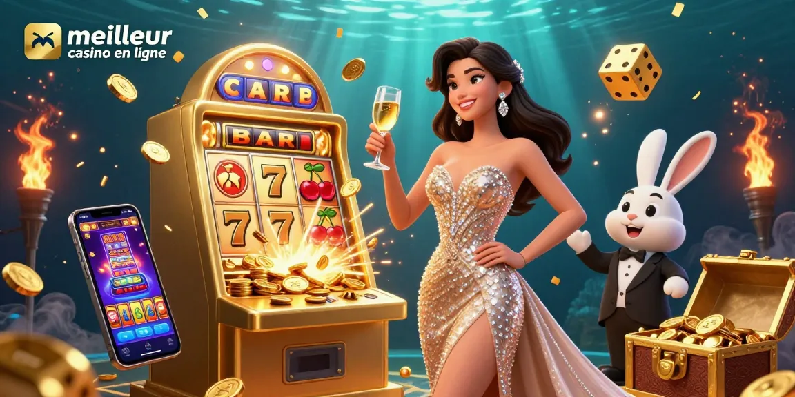 Vivez l'excitation du meilleur casino en ligne avec une illustration époustouflante d'une femme célébrant à côté d'une machine à sous jackpot.